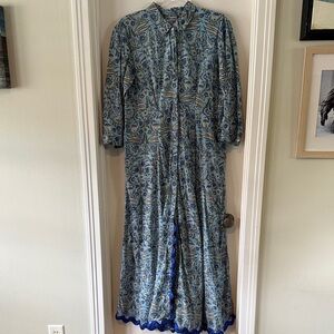 Juliet Dunn Blue and Cream Long Sleeve Dress